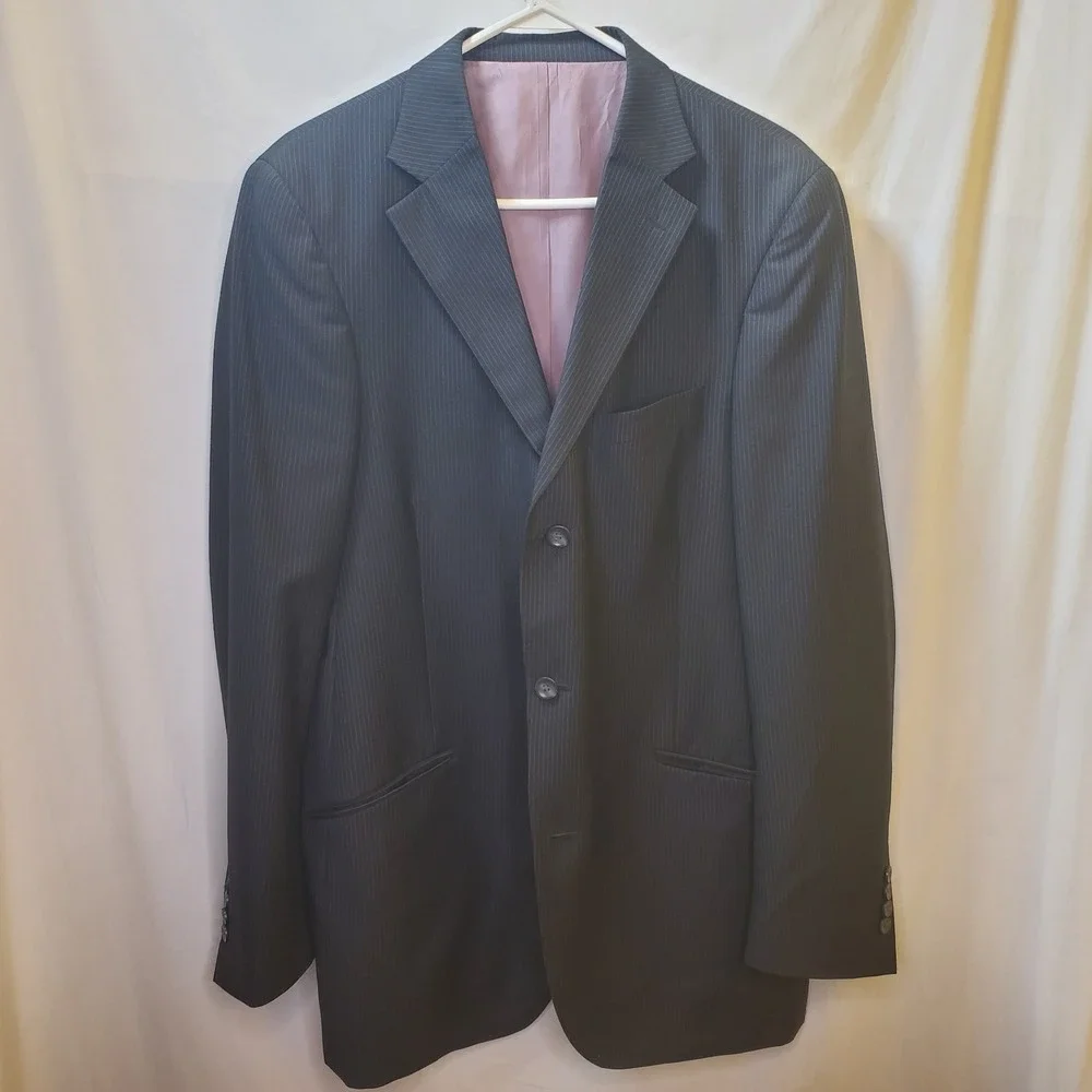 Billy London Mens Sport Coat 40L Black Pinstripe Poly Blend Blazer Jacket 2 Vent